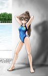  arms_behind_head barefoot brown_eyes brown_hair competition_swimsuit long_hair one-piece_swimsuit original ponytail solo swimsuit yagisawa_keiichi 