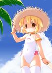  blonde_hair copyright_request fhara flat_chest hat one-piece_swimsuit palm_tree short_hair solo swimsuit thighhighs tree 