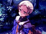  androgynous bag blue_eyes blush bob_cut cape circlet duffel_bag fantasy flat_chest forest game_cg gloves nature night ooyari_ashito outdoors rope rosetta_(little_witch_romanesque) short_hair shoujo_mahou_gaku_littlewitch_romanesque silver_hair smile solo tomboy tree turtleneck 