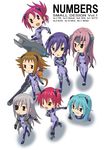  :d bodysuit brown_hair chibi cinque_(nanoha) dieci_(nanoha) eyepatch hair_between_eyes headband headgear highres kaeru_(kaerism) long_hair lyrical_nanoha mahou_shoujo_lyrical_nanoha_strikers multiple_girls nove_(nanoha) numbers'_uniform numbers_(nanoha) open_mouth pink_hair purple_hair red_eyes red_hair sein_(nanoha) sette_(nanoha) sidelocks simple_background skin_tight smile tre_(nanoha) twintails uniform very_long_hair walking wendi_(nanoha) white_background 