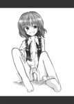  breasts breasts_apart feet foreshortening greyscale grin kazami_yuuka letterboxed miwa_maku monochrome open_clothes open_shirt panties plaid plaid_vest shirt sitting small_breasts smile solo touhou underwear vest 