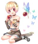  :3 apple bare_shoulders bell blonde_hair bracelet bug butterfly choker cuffs detached_sleeves fairy fantasy_earth_zero food frills fruit hairband hamamo holding holding_food holding_fruit insect jewelry kneehighs laughing miniskirt red_eyes short_hair simple_background sitting skirt socks solo 