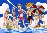  4girls artist_request biceps bikini black_star day death_the_kid elizabeth_thompson frilled_bikini frills highres maka_albarn multiple_boys multiple_girls nakatsukasa_tsubaki patricia_thompson soul_eater soul_eater_(character) striped striped_bikini swimsuit twintails 