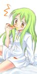  bangs c.c. cheese_trail code_geass dress_shirt eating food green_hair holding_pizza long_hair no_pants oimo pizza shirt sitting slice_of_pizza solo 