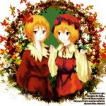  aki_minoriko aki_shizuha autumn blonde_hair hair_ornament hat leaf leaf_hair_ornament multiple_girls red_eyes touhou yae_(mono110) yellow_eyes 