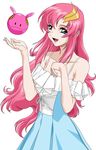  artist_request bare_shoulders blue_eyes dress gundam gundam_seed hair_ornament hairclip happy haro highres lacus_clyne open_mouth pink_hair simple_background solo 