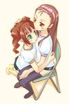  artist_request buruma double_vertical_stripe forehead gym_uniform hug idolmaster idolmaster_(classic) idolmaster_1 minase_iori multiple_girls ribbon takatsuki_yayoi thighhighs twintails 