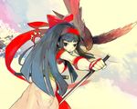  bird bow cloud hair_ribbon hawk komaki_megumi long_hair mamahaha nakoruru red_bow reverse_grip ribbon samurai_spirits sheath sky solo sword weapon 