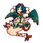  black_wings blue_hair bracelet geta haruo_(clownberry) hat highres jewelry looking_at_viewer open_mouth orange_eyes shameimaru_aya short_hair sitting solo tengu-geta touhou wings 