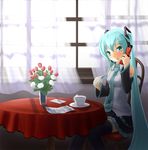  aqua_eyes aqua_hair cellphone cup flower hatsune_miku kou_(haijindeath) letter long_hair necktie phone solo teacup thighhighs very_long_hair vocaloid 