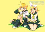  1girl blonde_hair brother_and_sister detached_sleeves green_eyes hair_ornament hairclip kagamine_len kagamine_rin midriff misaki_kozue short_hair shorts siblings twins vocaloid 