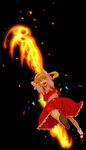  ameri arms_up ascot blonde_hair energy_weapon fire flame flandre_scarlet full_body jumping looking_at_viewer mary_janes one_side_up polearm red_eyes red_skirt shoes skirt socks solo spear touhou vest weapon white_legwear wings 