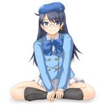  artist_request b.a.b.e.l._uniform beret blue_eyes blue_hair glasses hat long_hair nogami_aoi sitting skirt smile solo uniform zettai_karen_children 