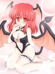  barefoot bat_wings breasts cleavage demon_tail feet head_wings kneeling koakuma large_breasts leg_garter navel red_eyes red_hair ry solo tail touhou wings 