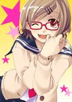  bad_id bad_pixiv_id blue_nails brown_eyes brown_hair cardigan glasses hands heart nail_art nail_polish one_eye_closed open_mouth original red-framed_eyewear red_eyes school_uniform serafuku short_hair smile solo tatami_to_hinoki 