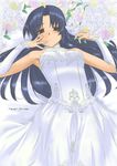  armpits bangs bare_shoulders blue_hair bridal_gauntlets bride brown_eyes cowboy_shot dress flower hand_on_own_cheek kashiwagi_chizuru kizuato long_hair looking_at_viewer lying on_back parted_bangs rose sleeveless sleeveless_dress solo tsuina wedding_dress white_dress white_flower white_rose 