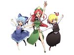  bad_id bad_pixiv_id blonde_hair blue_eyes blue_hair braid china_dress chinese_clothes cirno dress green_eyes hair_ribbon hat hong_meiling kasuga_ayumu_(haruhipo) long_hair multiple_girls outstretched_arms red_eyes red_hair ribbon rumia short_hair spread_arms touhou v wings 