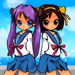  back-to-back blue_eyes blue_sailor_collar brown_eyes brown_hair cosplay crossover hairband hiiragi_kagami kita_high_school_uniform lucky_star multiple_girls okera purple_hair sailor_collar school_uniform serafuku suzumiya_haruhi suzumiya_haruhi_no_yuuutsu twintails 