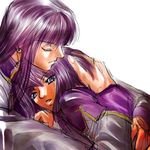  1girl fire_emblem fire_emblem:_seisen_no_keifu hug lakche_(fire_emblem) lowres purple_eyes purple_hair shanan_(fire_emblem) short_hair tsukimichi_sawatari 