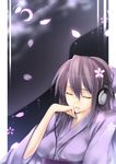  banned_artist cherry_blossoms closed_eyes copyright_request headphones japanese_clothes kimono moon solo suisen 
