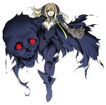  blonde_hair boots breasts cape cleavage evil_smile hair_over_one_eye hanafusa_itsuki higurashi_no_naku_koro_ni horns long_hair looking_at_viewer medium_breasts pantyhose red_eyes ribbon skull smile solo takano_miyo torn_clothes 