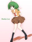  arms_behind_back green_hair legs macross macross_frontier niwatori_kokezou ranka_lee red_eyes school_uniform solo 