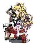  bardiche blonde_hair fate_testarossa long_hair lyrical_nanoha mahou_shoujo_lyrical_nanoha_strikers okiura red_eyes solo thighhighs 