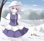  arms_behind_back blue_eyes bluepony dress hat landscape letty_whiterock mountain purple_hair short_hair smile snow solo touhou tree 