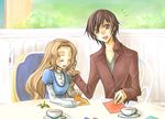  1girl brown_hair chair closed_eyes code_geass cup lelouch_lamperouge long_hair lowres mecco nunnally_lamperouge open_mouth origami paper_crane plate sitting table teacup 