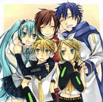  3girls aqua_hair bad_id bad_pixiv_id brother_and_sister everyone hatsune_miku kagamine_len kagamine_rin kaito meiko multiple_boys multiple_girls siblings soysauce_(pixiv47673) twins vocaloid 