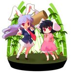  :3 animal_ears bad_id bad_pixiv_id bamboo bamboo_forest barefoot black_hair bunny_ears chaba_(hortensia) chibi forest hammer inaba_tewi long_hair multiple_girls nature necktie purple_hair red_eyes red_neckwear reisen_udongein_inaba short_hair touhou 