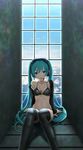  aqua_eyes aqua_hair bad_id bad_pixiv_id bikini blazer bow green_eyes green_hair hair_bow hatsune_miku headphones headset highres jacket jewelry long_hair looking_at_viewer musical_note navel necklace off_shoulder sitting smile solo swimsuit thighhighs twintails very_long_hair vocaloid window yu_(lovepayon) 