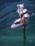  2012 black_hair black_nose blue_eyes boots breasts canine cleavage collar elbow_gloves female fingerless_gloves fluffy_tail fox gloves hair long_hair necklace nightmare_(artist) pose skimpy solo standing stockings sword translucent two_tone_hair weapon white white_hair 
