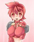  breasts elsword elsword_(character) fingerless_gloves genderswap genderswap_(mtf) gloves itanki knight_(elsword) large_breasts midriff pink_background red_eyes red_hair short_hair smile solo 