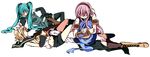  3girls aqua_hair armbar asaki_(artist) bare_shoulders blonde_hair boots crippler_crossface hair_ornament hair_ribbon hairclip hatsune_miku kagamine_rin kaito long_hair megurine_luka multiple_girls pink_hair ribbon short_hair skirt thighhighs twintails vocaloid wrestling 