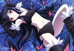  absurdres accel_world armpits black_hair brown_eyes bug butterfly elbow_gloves flat_chest gloves highres insect kuroyukihime long_hair lying megami navel official_art panties scan solo sports_bra tabata_hisayuki thighhighs underwear underwear_only 