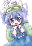  :d backpack bag blue_eyes blue_hair blush goggles goggles_on_headwear hair_bobbles hair_ornament hat kawashiro_nitori key muuba open_mouth smile solo touhou two_side_up 