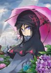  absurdres black_hair blue_eyes flower highres hood hydrangea original pepe_(jonasan) short_hair solo umbrella 