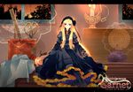  black_dress blonde_hair child-box dress gothic_lolita headdress lily_(vocaloid) lolita_fashion long_hair sitting smile solo very_long_hair vocaloid 