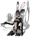  2boys ? animal_ears armor bad_id bad_pixiv_id basch_fon_ronsenburg blonde_hair blush bow_(weapon) breasts brown_eyes bunny_ears cleavage covering_eyes dark_skin ears_through_headwear final_fantasy final_fantasy_xii fran helmet long_hair medium_breasts multiple_boys open_mouth revealing_clothes short_hair silver_hair thighhighs toujou_sakana vaan viera weapon 