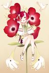  anemone_(flower) baby's-breath bird capelet dove dress flower highlights horns minigirl monster_girl multicolored_hair open_mouth original personification red_eyes red_hair shiomachi short_dress sitting solo 