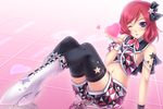  ;o arm_support black_legwear blown_kiss boots breasts hair_ornament hair_ribbon heart looking_at_viewer love_live! love_live!_school_idol_project medium_breasts midriff navel nishikino_maki one_eye_closed pink_hair purple_eyes ribbon shoes shorts star star_hair_ornament stomach thighhighs tile_floor tiles tsukimi_kirara 