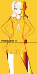  breasts earrings hands_on_hips jewelry kujikawa_rise legs long_hair looking_at_viewer monochrome orange_background persona persona_4 sawa school_uniform serafuku skirt small_breasts smile solo standing twintails wavy_hair 