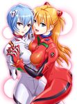  alvares ass asymmetrical_docking ayanami_rei bad_id bad_pixiv_id between_breasts blue_eyes blue_hair bodysuit breast_press breasts highres holding_hands interlocked_fingers long_hair looking_at_viewer medium_breasts multiple_girls neon_genesis_evangelion orange_hair plugsuit red_eyes short_hair skin_tight souryuu_asuka_langley white_bodysuit 