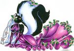  female flower gloves looking_at_viewer lying mammal multi-colored_body plain_background purple purple_clothing sandy_schreiber skunk solo white_background 