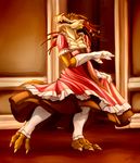  absurd_res aleisandra big_breasts blue_eyes breasts claws cleavage clothed clothing commissar-k dancing dragon dragonborn dress dungeons_&amp;_dragons ear_piercing eyes_closed female hair hi_res horn huge_breasts jewelry lizard paws piercing red_hair reptile scalie smile solo teeth tongue 