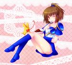  arle_nadja bad_id bad_pixiv_id blue_skirt boots brown_eyes brown_hair carbuncle_(puyopuyo) eating half_updo knee_boots madou_monogatari minatosaiga one_eye_closed puyopuyo rice short_hair skirt solo 