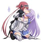  airi_(queen's_blade) annelotte armor armored_dress black_legwear breasts cleavage closed_eyes kiss large_breasts lavender_hair long_hair maid maid_headdress multiple_girls queen's_blade queen's_blade_rebellion red_eyes saliva shirosame simple_background thighhighs very_long_hair white_background yuri 