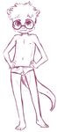  barefoot briefs cub eyewear glasses hair looking_at_viewer male mammal monochrome mustelid otter panties paws plain_background solo teko underwear white_background young 