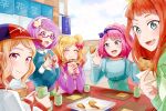  5girls :d absurdres aikatsu!_(series) aikatsu_stars! aqua_eyes arms_up baseball_cap blonde_hair blouse blue_blouse blue_dress blue_eyes blue_sky bow cloud cup day dress eating elbows_on_table eyes_closed fang flower food glasses hair_bow hair_flower hair_ornament hairband hat highres holding holding_cup holding_food index_finger_raised kasumi_mahiru lavender_hair long_sleeves looking_at_viewer looking_to_the_side multiple_girls nanakura_koharu nijino_yume oka_paya open_mouth outdoors pinafore_dress pink_hair placemat purple_eyes purple_shirt red-framed_eyewear red_hair sakuraba_rola saotome_ako semi-rimless_eyewear shirt short_hair sitting sky smile storefront table taiyaki tray two_side_up under-rim_eyewear upper_body wagashi yellow_eyes 